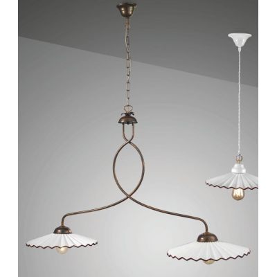 LIBERTY SOSPENSIONE 2 LUCI IN METALLO RUGGINE CON PIATTI PLISSE IN CERAMICA BIANCA CRISTALENSI LUX - Cristalensi Shop Online