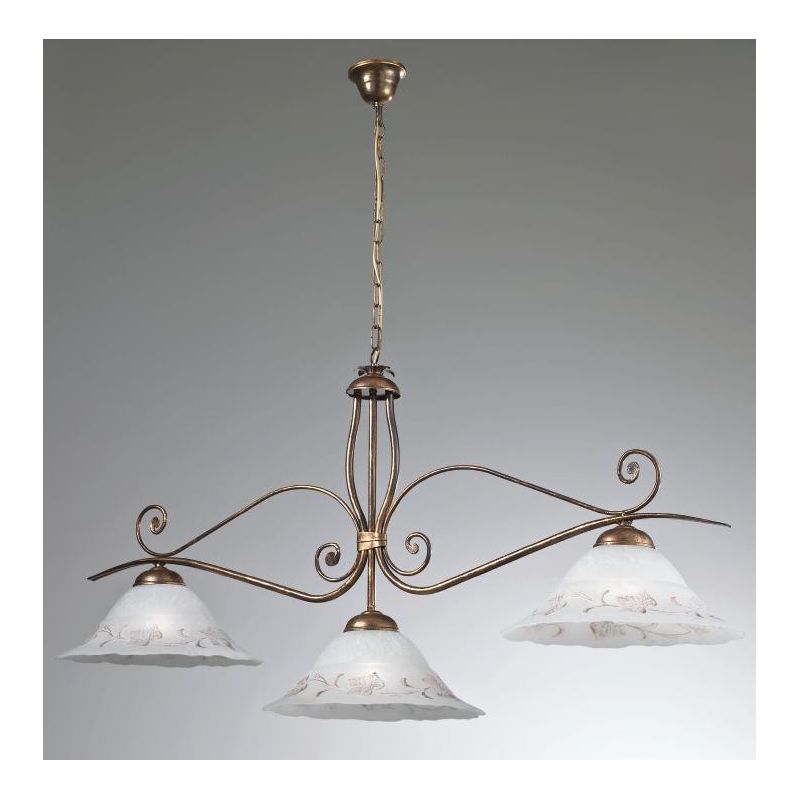 RICCIO LAMPADARIO A SOSPENSIONE 3 LUCI IN METALLO RUGGINE CON DIFFUSORI IN VETRO DECORATO CRISTALENSI LUX - Cristalensi Shop Onl