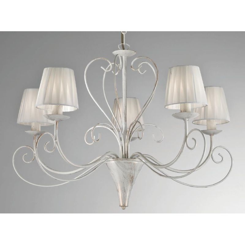 CASABLANCA LAMPADARIO 5 LUCI A BRACCI CLASSICO IN METALLO AVORIO ANTICO CON PARALUMI PLISSE CRISTALENSI LUX - Cristalensi Shop O