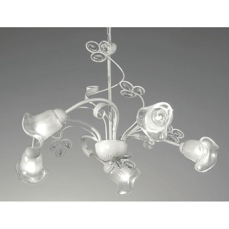 CLARISSA LAMPADARIO CLASSICO 5 LUCI BIANCO PATINATO RAME DIFFUSORI FLOREALI E DETTAGLI IN CRISTALLO CRISTALENSI LUX - Cristalens