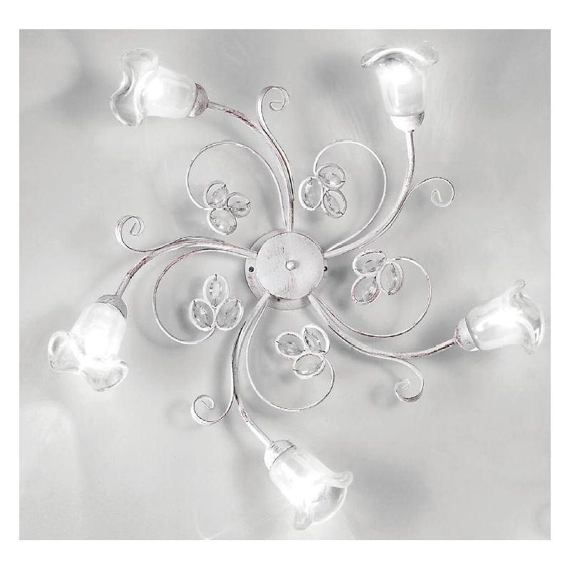 CLARISSA PLAFONIERA ROTONDA 5 LUCI BIANCO PATINATO RAME DIFFUSORI FLOREALI E DETTAGLI IN CRISTALLO CRISTALENSI LUX - Cristalensi