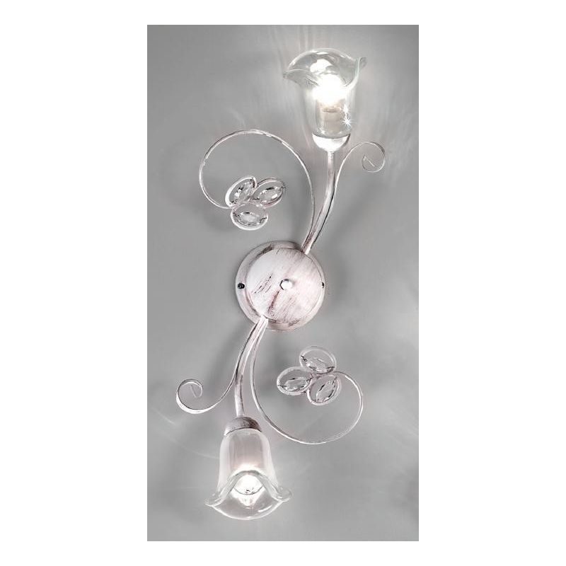 CLARISSA APPLIQUE PLAFONIERA 2 LUCI BIANCO PATINATO RAME DIFFUSORI FLOREALI E DETTAGLI IN CRISTALLO CRISTALENSI LUX - Cristalens