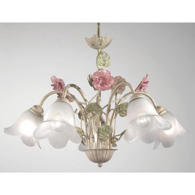 PRIMAVERA LAMPADARIO FLOREALE 5 LUCI CLASSICO AVORIO CON DETTAGLI ROSA E VERDI CRISTALENSI LUX - Cristalensi Shop Online