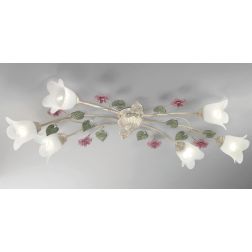 PRIMAVERA PLAFONIERA IN STILE CLASSICO AVORIO DECORATA CON FIORI ROSA E FOGLIE VERDI CRISTALENSI LUX - Cristalensi Shop Online