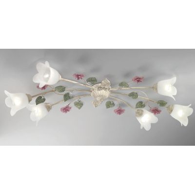PRIMAVERA PLAFONIERA IN STILE CLASSICO AVORIO DECORATA CON FIORI ROSA E FOGLIE VERDI CRISTALENSI LUX - Cristalensi Shop Online