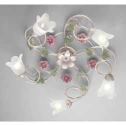PRIMAVERA PLAFONIERA 5 LUCI CLASSICA AVORIO DECORATA CON FIORI ROSA E FOGLIE VERDI CRISTALENSI LUX - Cristalensi Shop Online