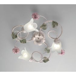 PRIMAVERA PLAFONIERA 3 LUCI CLASSICA AVORIO DECORATA CON FIORI ROSA E FOGLIE VERDI CRISTALENSI LUX - Cristalensi Shop Online