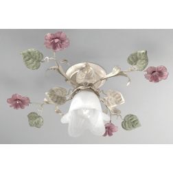 PRIMAVERA PLAFONIERA CLASSICA AVORIO DECORATA CON FIORI ROSA E FOGLIE VERDI CRISTALENSI LUX - Cristalensi Shop Online
