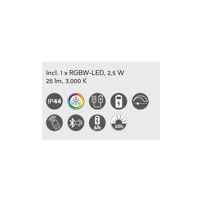JAMAICA LAMPADA DECORATIVA LED 3W LUCE 3000K RGB BATTERIA RICARICABILE, CASSA ACUSTICA E TELECOMANDO RL - Cristalensi Shop Onlin