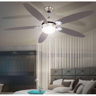 AZURA VENTILATORE A SOFFITTO IN NICHEL SATINATO E CROMO CON PALE REVERSIBILI LAMPADINA ATTACCO E14 Globo Lighting - Cristalensi 