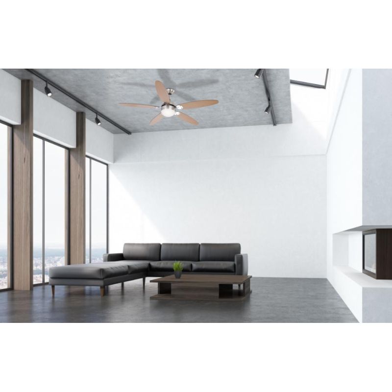 AZURA VENTILATORE A SOFFITTO IN NICHEL SATINATO E CROMO CON PALE REVERSIBILI LAMPADINA ATTACCO E14 Globo Lighting - Cristalensi 