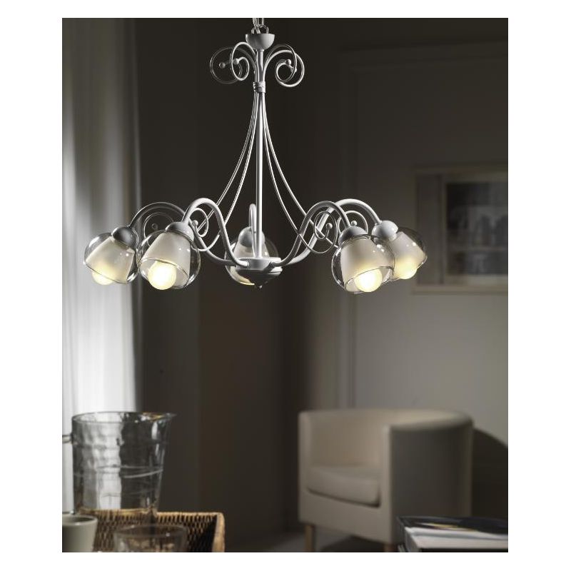 CAMILLA LAMPADARIO CLASSICO 5 LUCI IN METALLO BIANCO CON DIFFUSORI IN VETRO CRISTALENSI LIGHT - Cristalensi Shop Online