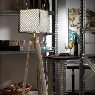 ZAZU LAMPADA DA TERRA CON BASE TREPPIEDI IN LEGNO E PARALUME IN METALLO MARRONE E TESSUTO CRISTALENSI LIGHT - Cristalensi Shop O