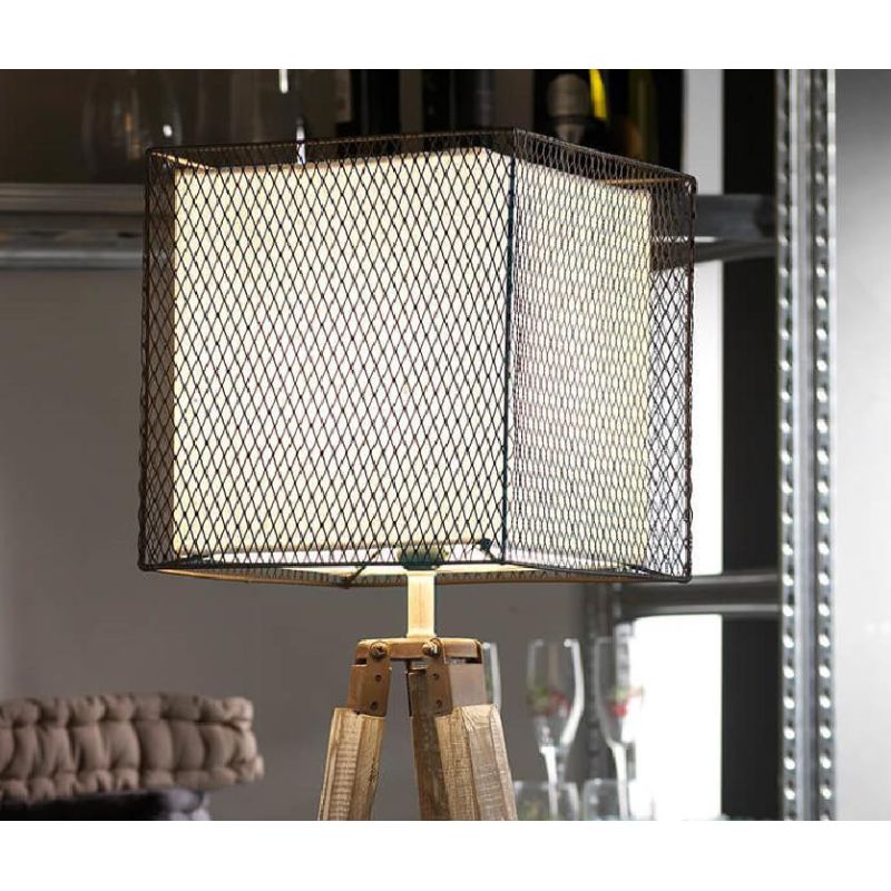 ZAZU LAMPADA DA TAVOLO CON BASE TREPPIEDI IN LEGNO E PARALUME IN METALLO MARRONE E TESSUTO CRISTALENSI LIGHT - Cristalensi Shop