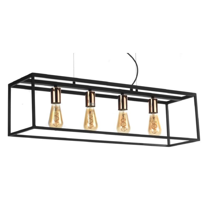 FLOKI LAMPADARIO A SOSPENSIONE VINTAGE IN METALLO NERO FORMA RETTANGOLARE CON 4 LAMPADINE A VISTA CRISTALENSI LIGHT - Cristalens