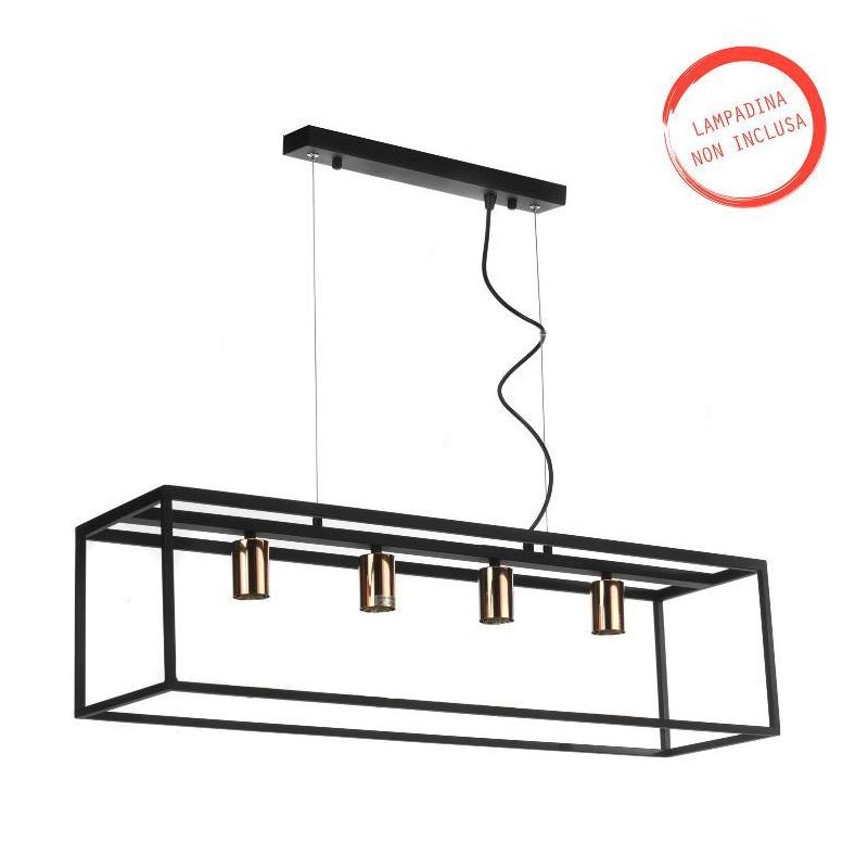 FLOKI LAMPADARIO A SOSPENSIONE VINTAGE IN METALLO NERO FORMA RETTANGOLARE CON 4 LAMPADINE A VISTA CRISTALENSI LIGHT - Cristalens