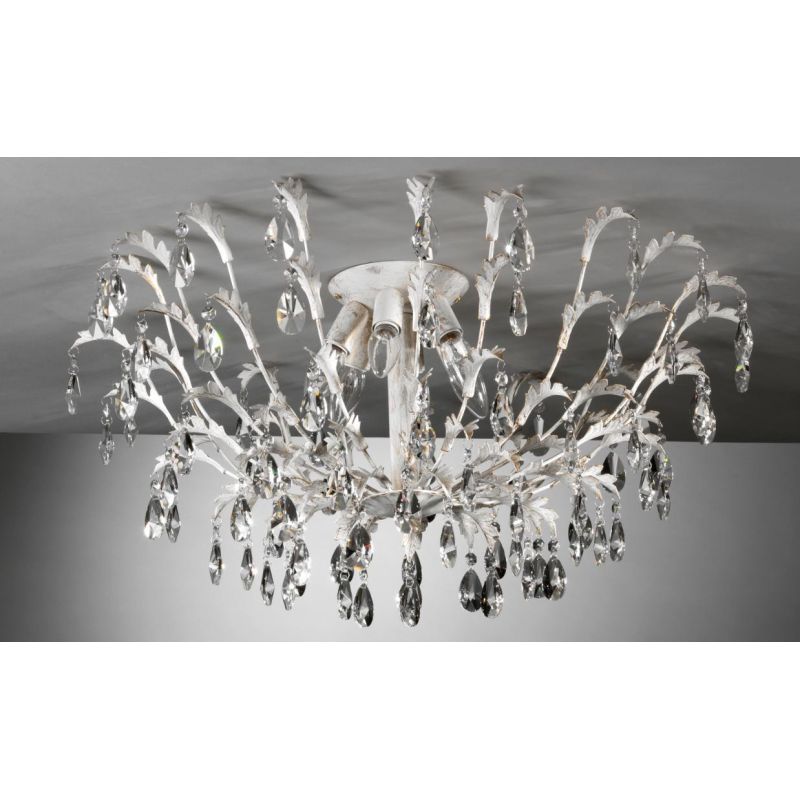 CESTA PLAFONIERA GRANDE CLASSICA 6 LUCI DIAMETRO CM 80 AVORIO ANTICO CON DECORAZIONI IN CRISTALLO CRISTALENSI LIGHT - Cristalens