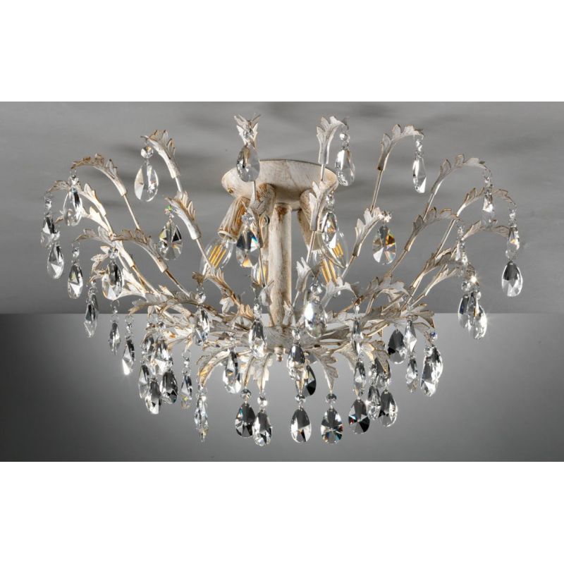 CESTA PLAFONIERA CLASSICA 5 LUCI DIAMETRO CM 65 AVORIO ANTICO CON DECORAZIONI IN CRISTALLO CRISTALENSI LIGHT - Cristalensi Shop