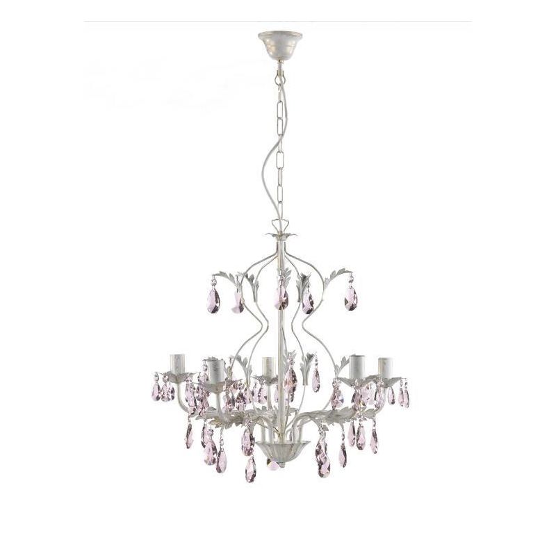 KATE LAMPADARIO CLASSICO 5 LUCI FINITURA AVORIO ANTICO CON DECORAZIONI IN CRISTALLO ROSA CRISTALENSI LIGHT - Cristalensi Shop On
