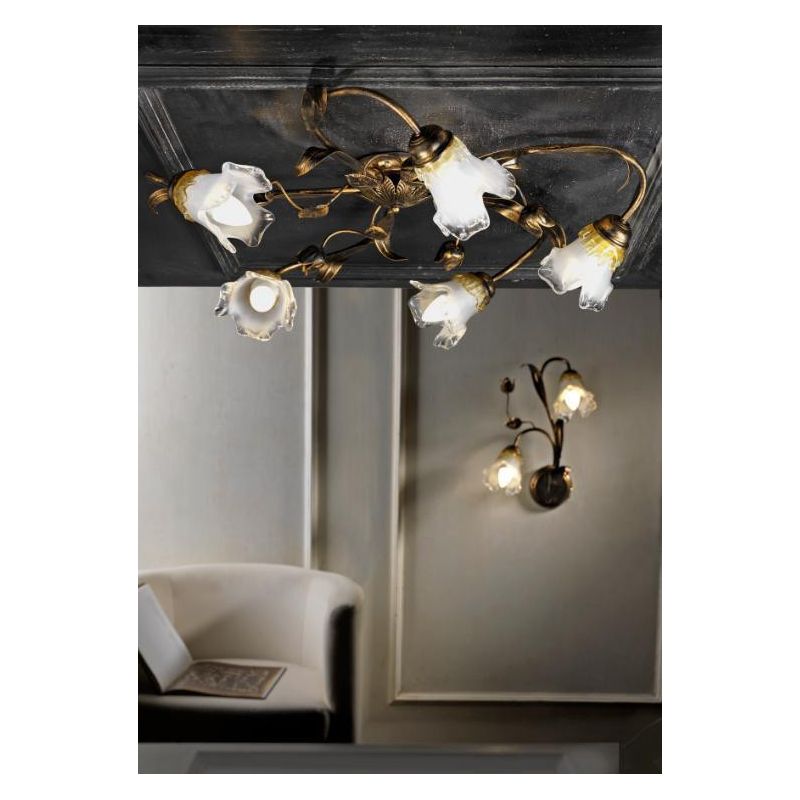 ARIANNA PLAFONIERA CLASSICA 5 LUCI IN METALLO BRONZO CON DIFFUSORI IN VETRO SOFFIATO CRISTALENSI LIGHT - Cristalensi Shop Online