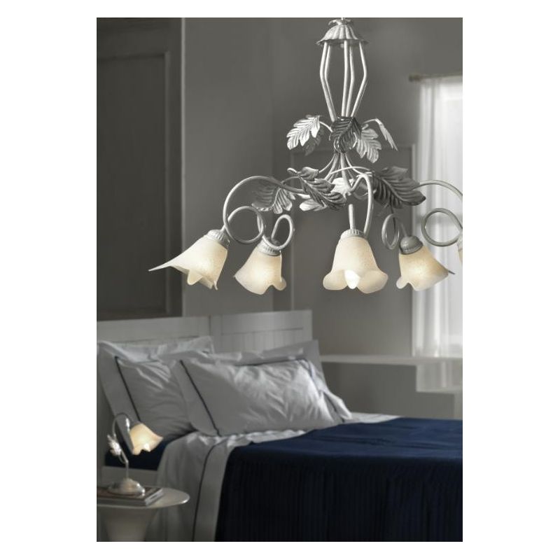 MARILENA LAMPADARIO CLASSICO 5 LUCI METALLO BIANCO/ARGENTO CON PARALUMI IN VETRO CRISTALENSI LIGHT - Cristalensi Shop Online