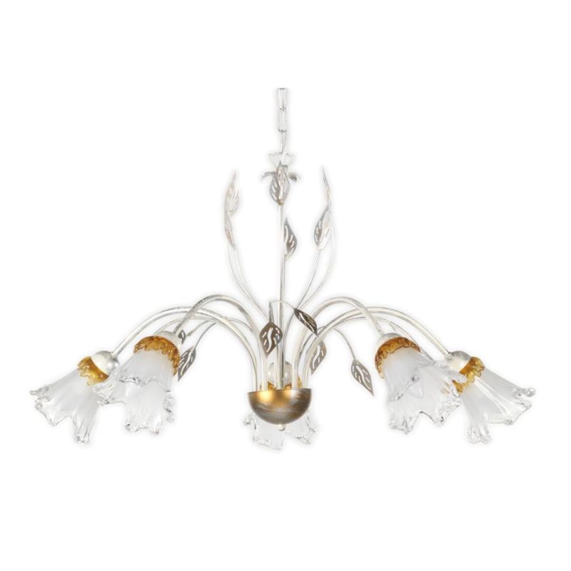 LANCIA LAMPADARIO CLASSICO 5 LUCI IN METALLO BIANCO SPENNELLATO ARGENTO E DIFFUSORI IN VETRO CRISTALENSI LIGHT - Cristalensi Sho