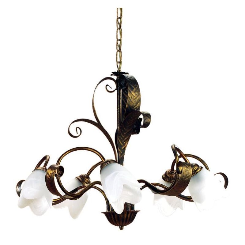 SONIA LAMPADARIO 5 LUCI CLASSICO IN METALLO MARRONE SPENNELLATO ORO E DIFFUSORI IN VETRO BIANCO CRISTALENSI LIGHT - Cristalensi
