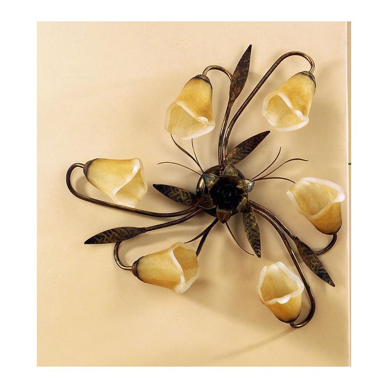 ALGA PLAFONIERA 6 LUCI IN METALLO MARRONE SPENNELLATO ORO E DIFFUSORI IN VETRO AMBRA CRISTALENSI LIGHT - Cristalensi Shop Online