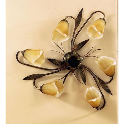 ALGA PLAFONIERA 6 LUCI IN METALLO MARRONE SPENNELLATO ORO E DIFFUSORI IN VETRO AMBRA CRISTALENSI LIGHT - Cristalensi Shop Online