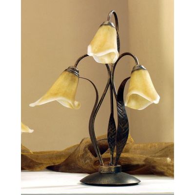 ALGA LAMPADA DA TAVOLO 3 LUCI IN METALLO MARRONE SPENNELLATO ORO E DIFFUSORI IN VETRO AMBRA CRISTALENSI LIGHT - Cristalensi Shop