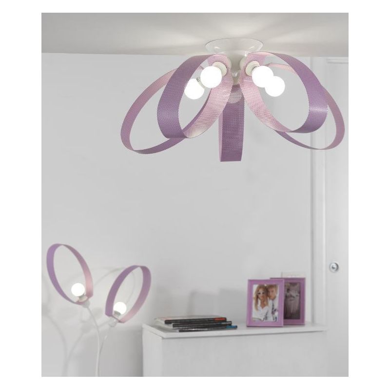 MILA PLAFONIERA MODERNA 5 LUCI IN METALLO BIANCO CON STRUTTURA IN TESSUTO LILLA TRAFORATO CRISTALENSI LIGHT - Cristalensi Shop O