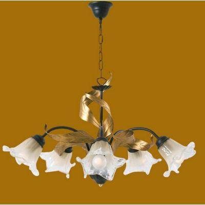 MELISSA LAMPADARIO CLASSICO 5 LUCI IN METALLO ANTRACITE CON FOGLIE ORO E DIFFUSORI IN VETRO Padana Lampadari - Cristalensi Shop 