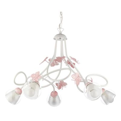 BUTTERFLY LAMPADARIO A SOSPENSIONE PER BIMBE 5 LUCI IN METALLO BIANCO CON FARFALLE ROSE CRISTALENSI LIGHT - Cristalensi Shop Onl