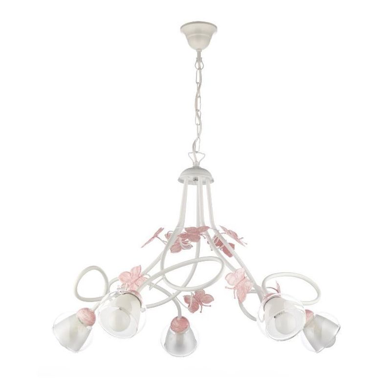 BUTTERFLY LAMPADARIO A SOSPENSIONE PER BIMBE 5 LUCI IN METALLO BIANCO CON FARFALLE ROSE CRISTALENSI LIGHT - Cristalensi Shop Onl