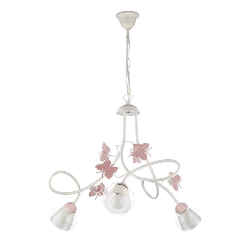 BUTTERFLY LAMPADARIO A SOSPENSIONE 3 LUCI PER BIMBE IN METALLO BIANCO CON FARFALLE ROSE CRISTALENSI LIGHT - Cristalensi Shop Onl