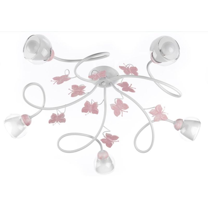 BUTTERFLY PLAFONIERA 5 LUCI PER CAMERETTA BIMBE IN METALLO BIANCO CON FARFALLE ROSE CRISTALENSI LIGHT - Cristalensi Shop Online
