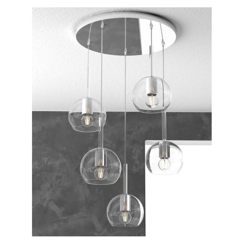 FUTURE SOSPENSIONE IN METALLO CROMATO CON 5 SFERE DI 15CM IN VETRO DISPONIBILE IN 5 COLORI Top Light Illuminazione - Cristalensi