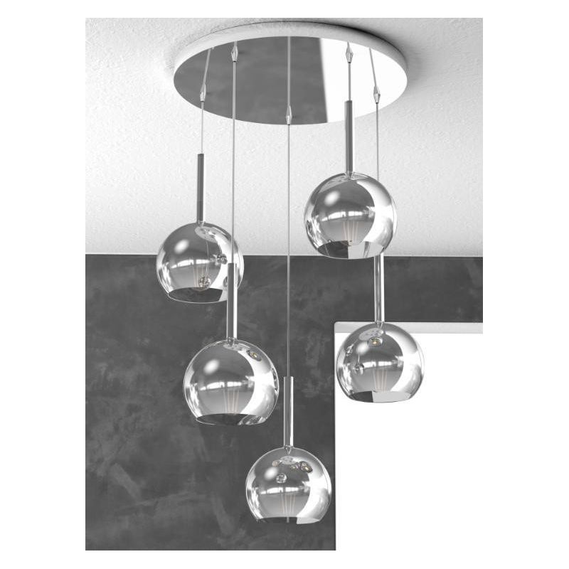 FUTURE SOSPENSIONE IN METALLO CROMATO CON 5 SFERE DI 15CM IN VETRO DISPONIBILE IN 5 COLORI Top Light Illuminazione - Cristalensi