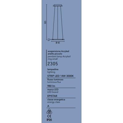 2305 ACRYLED AFFRALUX LAMPADARIO A SOSPENSIONE PICCOLO CON LED 14W ANELLO 42 CM BIANCO AFFRALUX - Cristalensi Shop Online