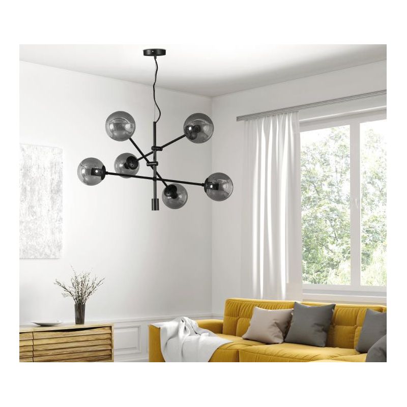GIOKO SOSPENSIONE 6 LUCI MODERNO METALLO CROMO,BIANCO O NERO CON SFERE IN VETRO Padana Lampadari - Cristalensi Shop Online