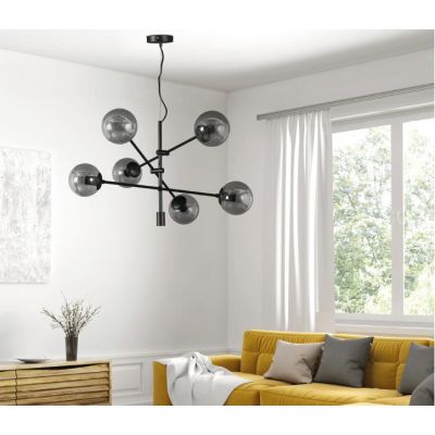 GIOKO SOSPENSIONE 6 LUCI MODERNO METALLO CROMO,BIANCO O NERO CON SFERE IN VETRO Padana Lampadari - Cristalensi Shop Online