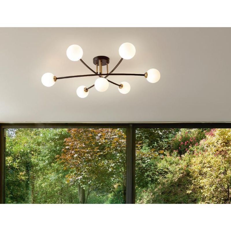 BYRON PLAFONIERA MODERNA 7 LUCE METALLO NERO E SFERE IN VETRO BIANCOLATTE LAMPADINE 7XG9 Padana Lampadari - Cristalensi Shop Onl