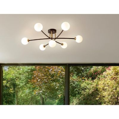 BYRON PLAFONIERA MODERNA 7 LUCE METALLO NERO E SFERE IN VETRO BIANCOLATTE LAMPADINE 7XG9 Padana Lampadari - Cristalensi Shop Onl