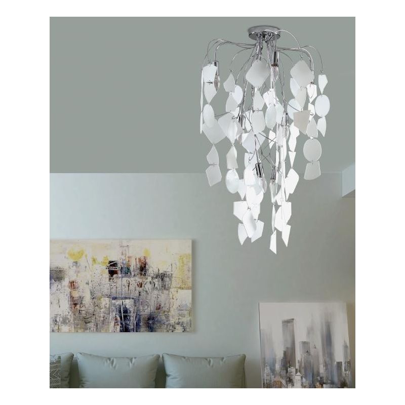 SANTORINI SOSPENSIONE MODERNA IN METALLO CROMO CON PENDENTI DECORATIVI IN VETRO BIANCO Padana Lampadari - Cristalensi Shop Onlin