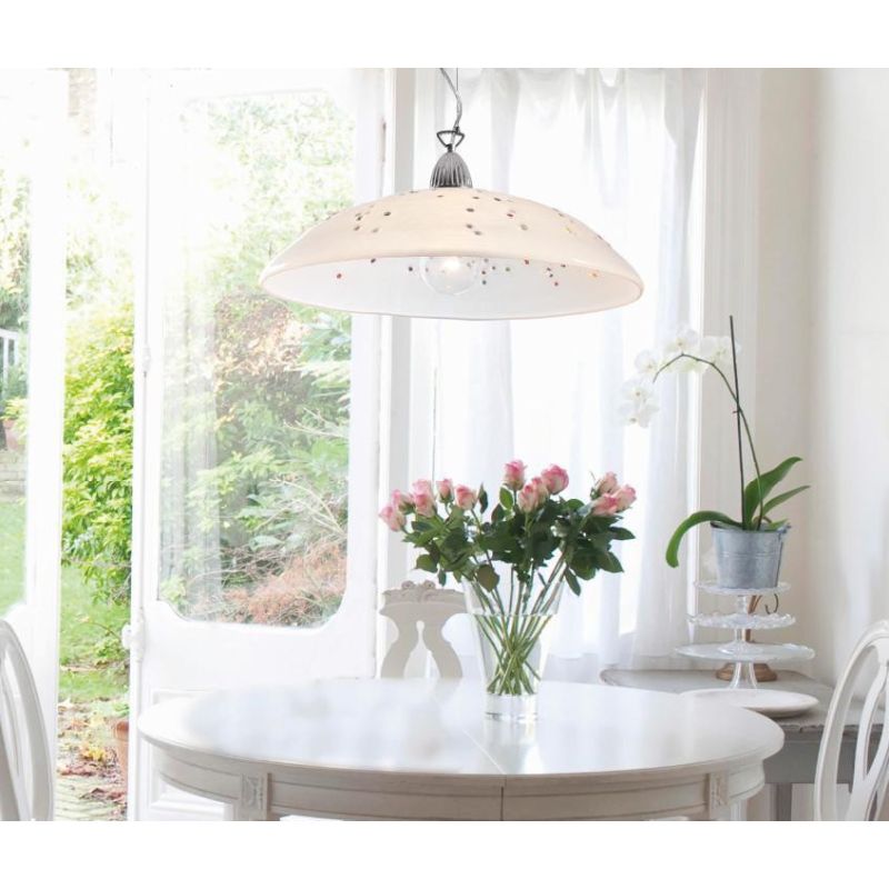 MIRIAM SOSPENSIONE SINGOLA D40 CLASSICA IN VETRO SABBIATO BIANCO CON MURRINE DECORATIVE Padana Lampadari - Cristalensi Shop Onli