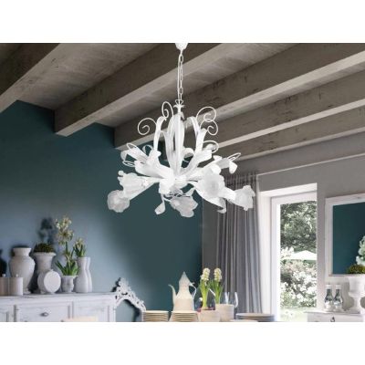 SHABBY CHIC LAMPADARIO CLASSICO 5 LUCI BIANCO CON DIFFUSORI FLOREALI IN VETRO DECORATO Padana Lampadari - Cristalensi Shop Onlin