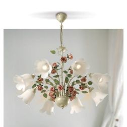 LADY LAMPADARIO CLASSICO 8 LUCI IN METALLO AVORIO CON DIFFUSORI IN VETRO E DECORI FLOREALI Padana Lampadari - Cristalensi Shop O 2