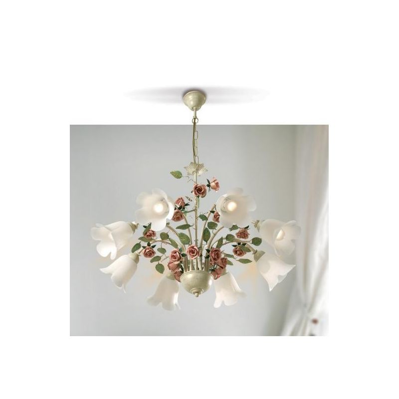 LADY LAMPADARIO CLASSICO 8 LUCI IN METALLO AVORIO CON DIFFUSORI IN VETRO E DECORI FLOREALI Padana Lampadari - Cristalensi Shop O