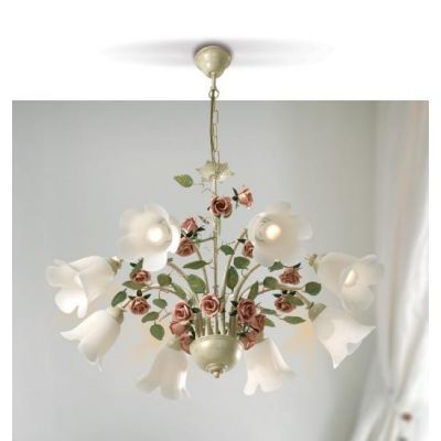 LADY LAMPADARIO CLASSICO 8 LUCI IN METALLO AVORIO CON DIFFUSORI IN VETRO E DECORI FLOREALI Padana Lampadari - Cristalensi Shop O