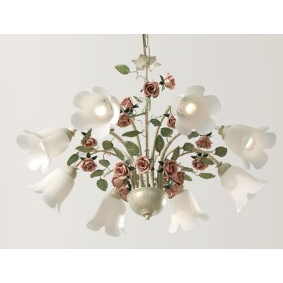 LADY LAMPADARIO CLASSICO 8 LUCI IN METALLO AVORIO CON DIFFUSORI IN VETRO E DECORI FLOREALI Padana Lampadari - Cristalensi Shop O